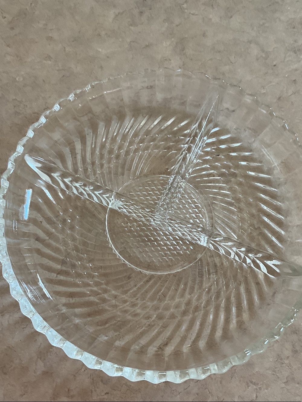 Vintage Libbey Glass Divided Plate Set, Art Deco Swirl, Scalloped Rim